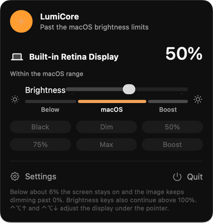 The LumiCore menu bar panel, with a brightness slider marked Below, macOS, and Boost, and presets for Black, Dim, 50%, 75%, Max, and Boost.