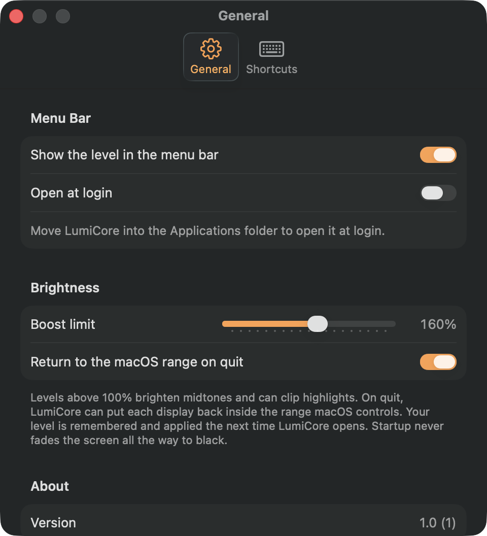 LumiCore General settings. Show the level in the menu bar, open at login, a boost limit slider, and a switch to return to the macOS range on quit.
